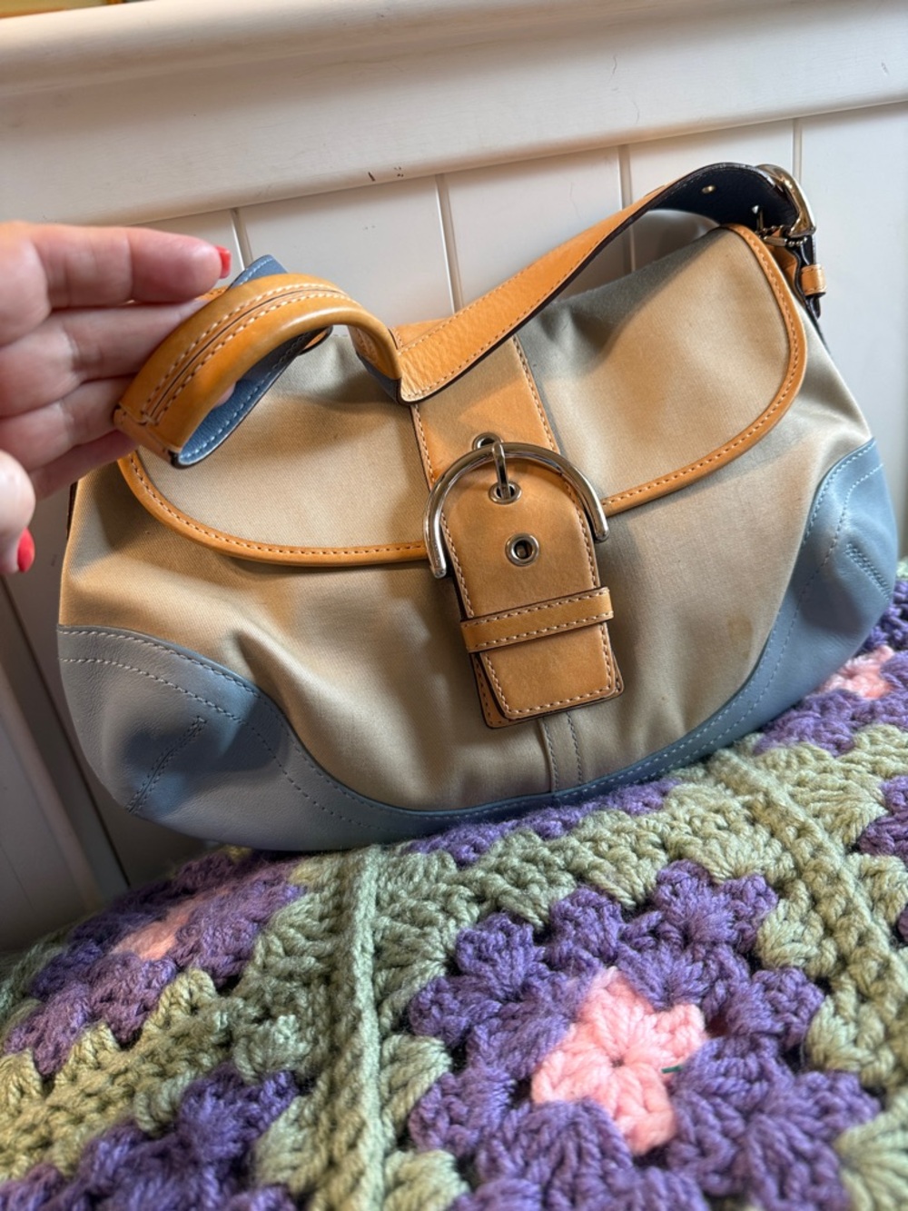 Coach Daisy soho collectible Beige and Light Blue Leather-Trim Shoulder Bag